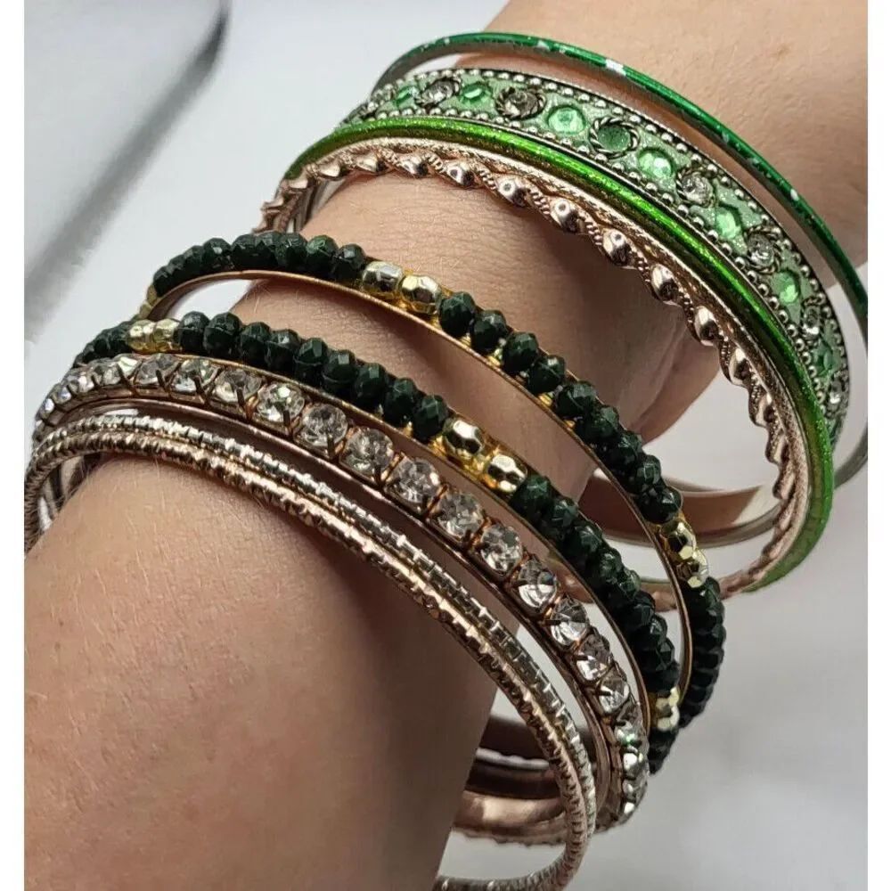 Lot of 10 Green Rhinestone & Gold Bangle Bracelets 8 in